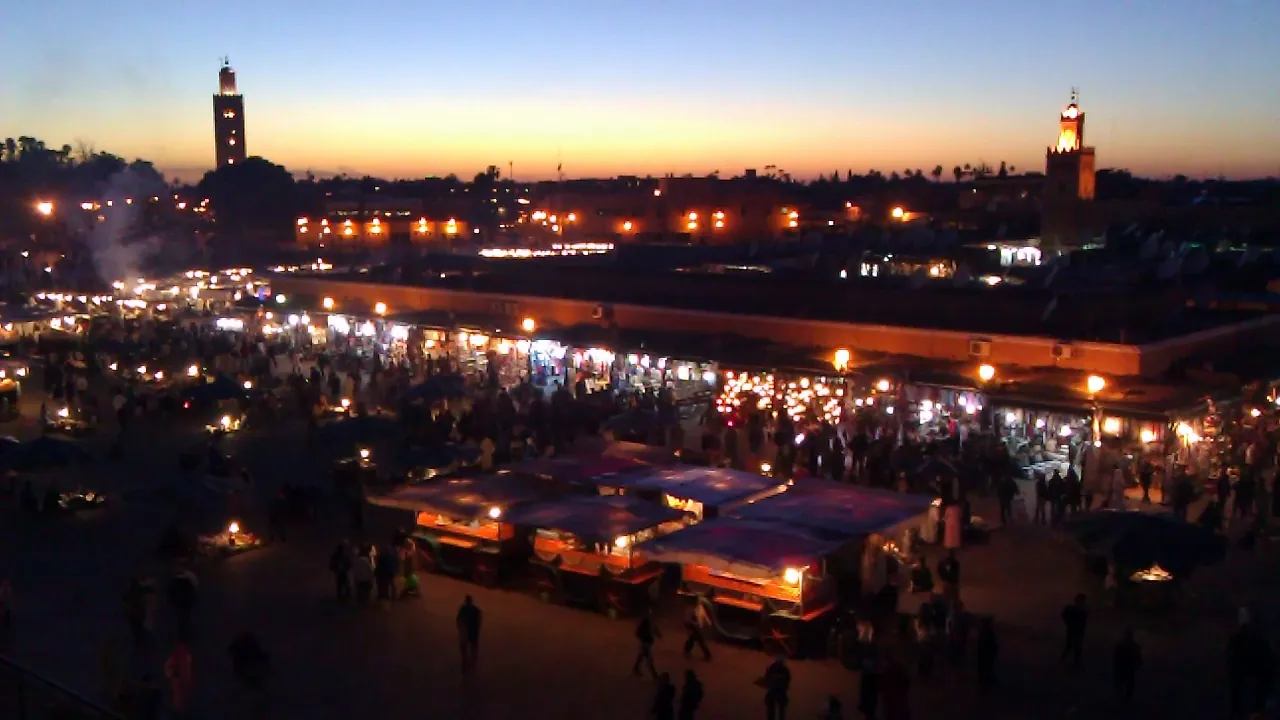 Jemaa el-Fna square and market in the old city of Marrakech, Morocco
