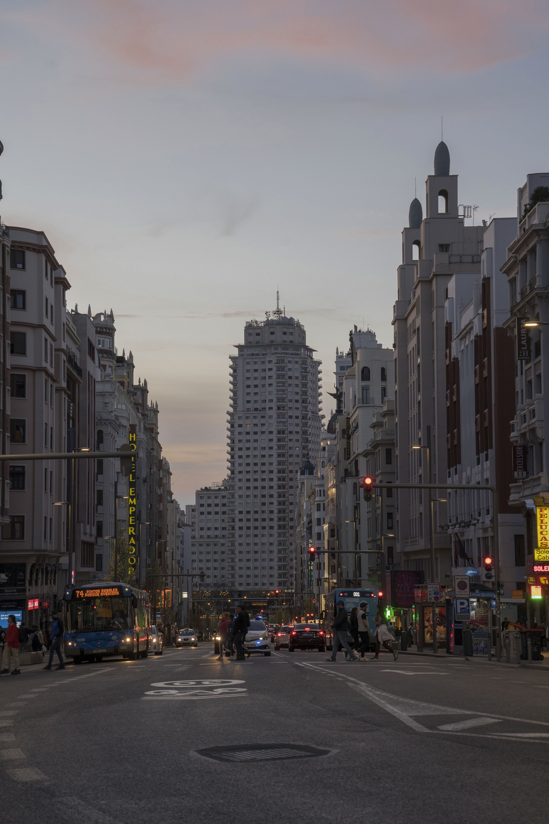Gran Vía in Madrid at sunset