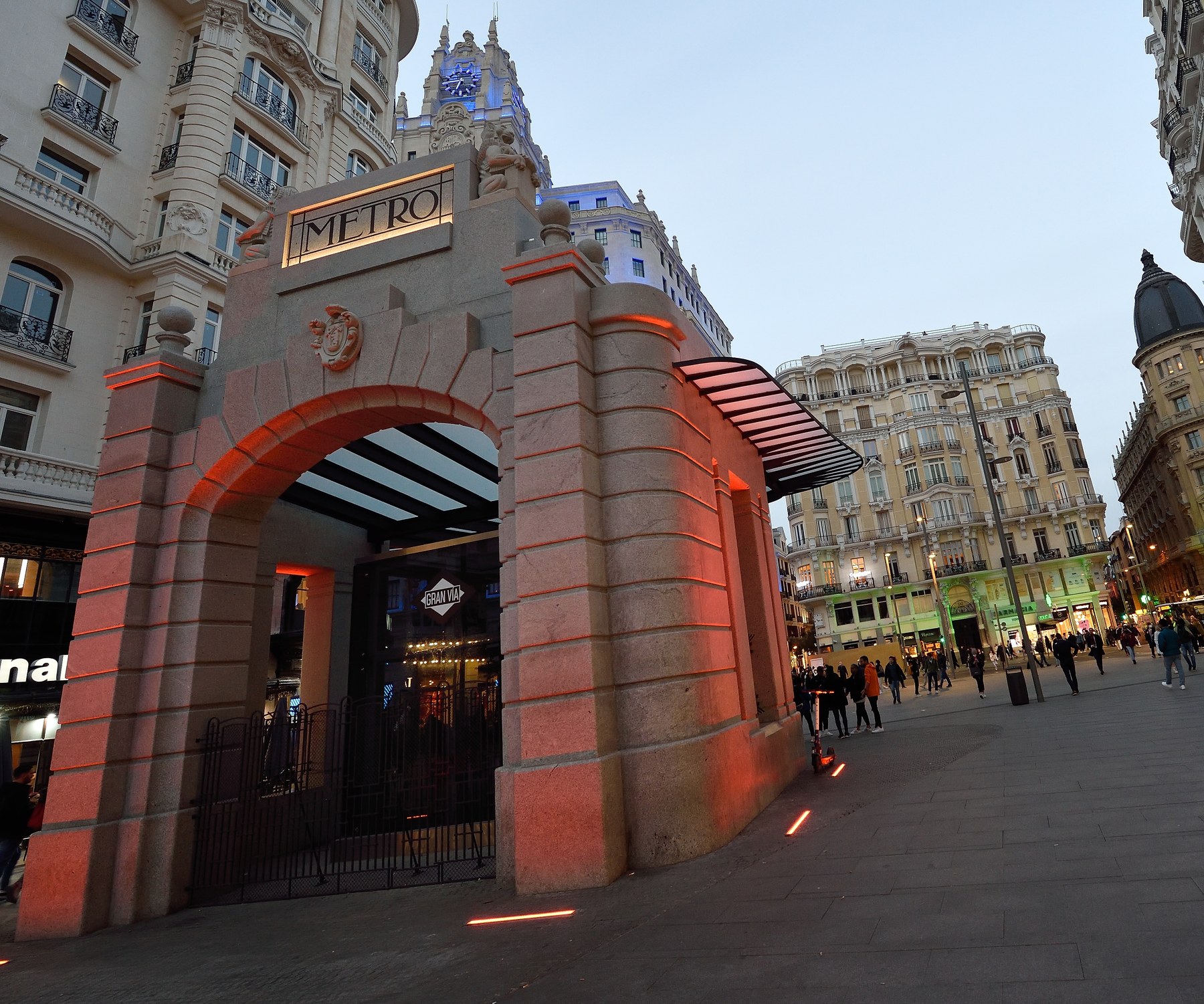 Gran Vía metro station in central Madrid at dusk